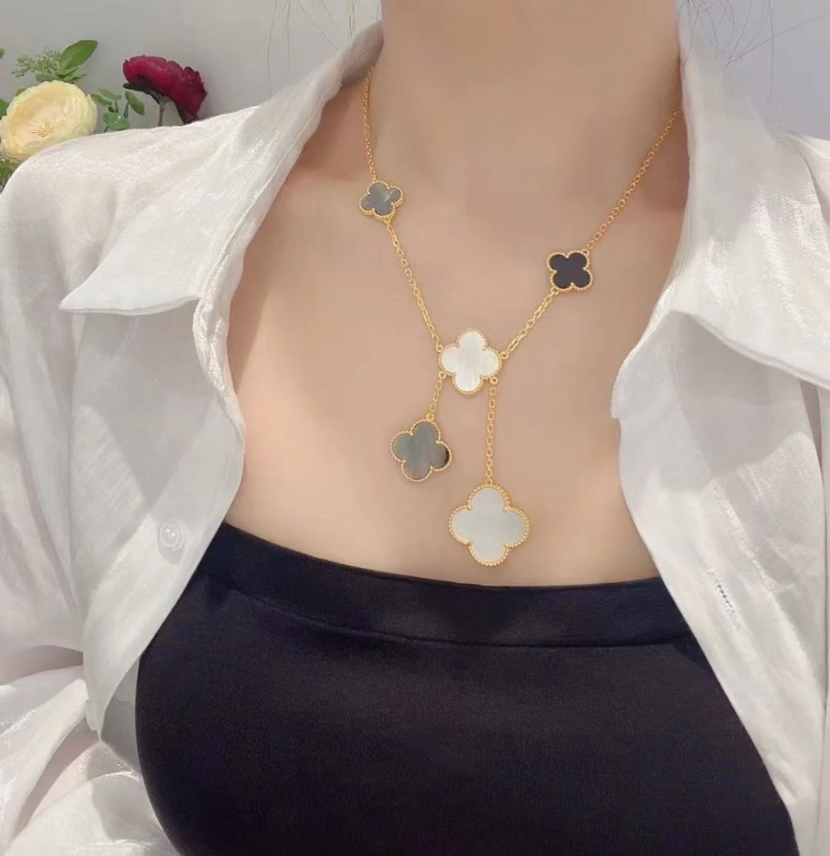 [moco jewelrys]KLEE 6 MOTIV PERLMUTT ONYX GOLD HALSKETTE